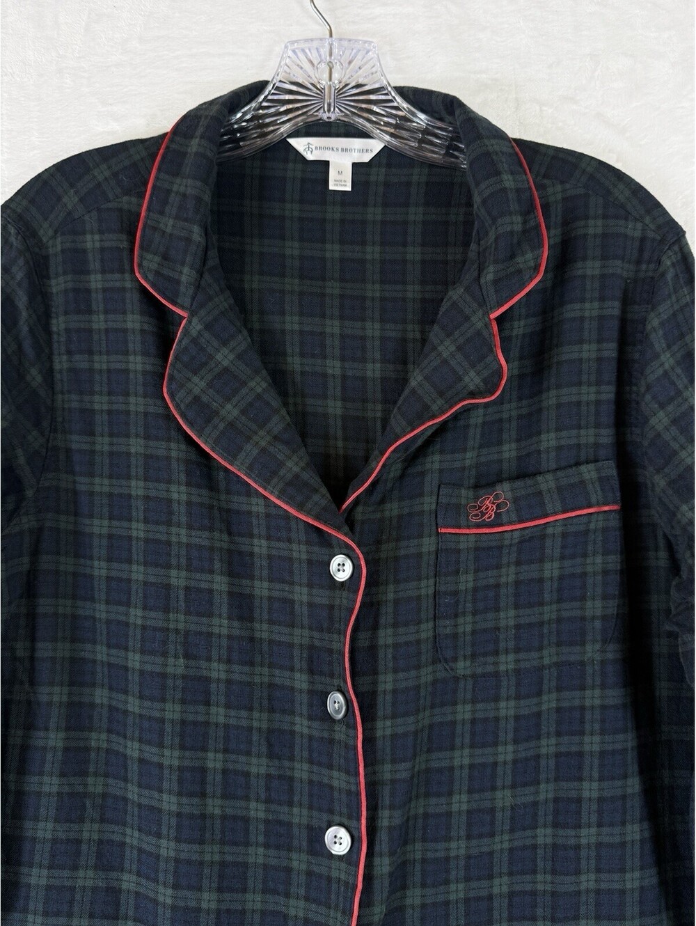 Brooks Brothers Flannel Pajamas Top Medium Womens Green Black Watch Plaid PJ